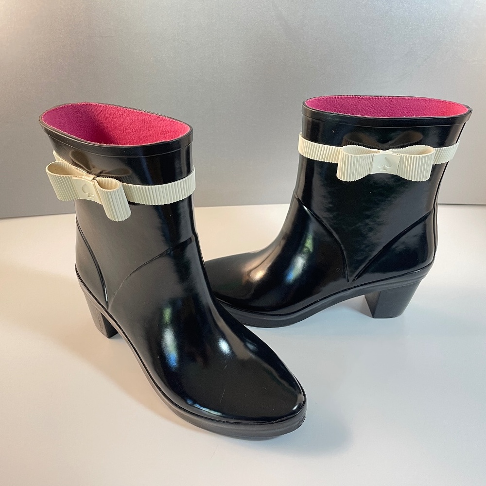 KATE SPADE NY Paloma Black Rain Booties w/Heel & Ivory Bow Women's 6